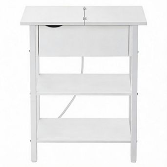 Rustic Flip Top End Table USB Charging Station Small Nightstand