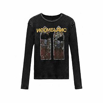 Pattern & Letter Print Knit Crew Neck T-Shirt