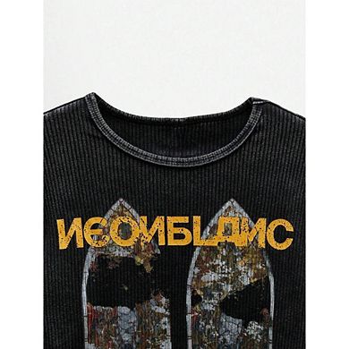 Pattern & Letter Print Knit Crew Neck T-Shirt