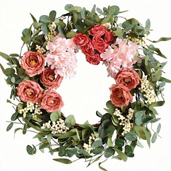 20" Artificial Pink Peony Wreath with Hydrangea Wedding Festival