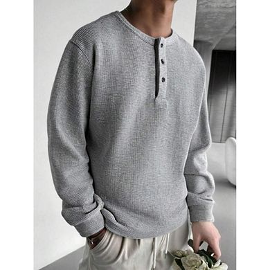 Henley Neck Waffle Knit Casual Button Top