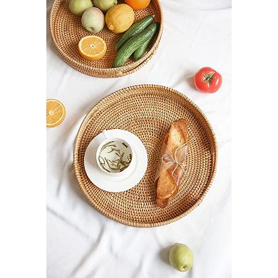 Hand-woven Rattan Serving Tray with Handles for Coffee Table