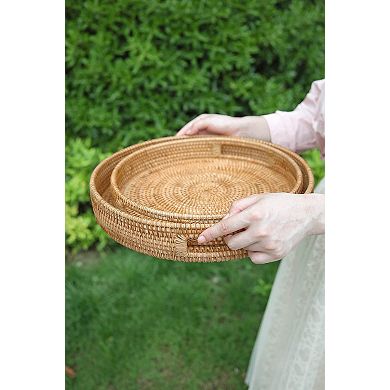 Hand-woven Rattan Serving Tray with Handles for Coffee Table