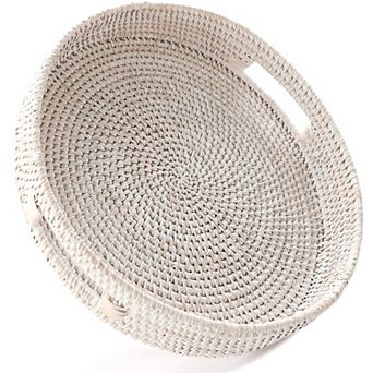 Hand-woven Rattan Serving Tray with Handles for Coffee Table