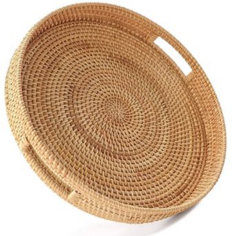 Hand-woven Rattan Serving Tray with Handles for Coffee Table
