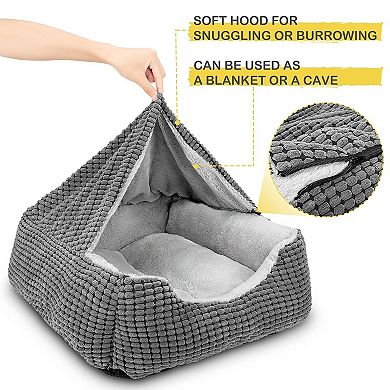 Hooded Rectangle Pet Cave Bed with Blanket Anti-Slip Washable
