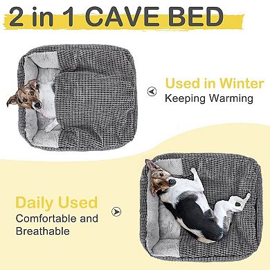 Hooded Rectangle Pet Cave Bed with Blanket Anti-Slip Washable