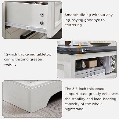 Farmhouse Nightstand Charging Station 2-Drawer Bedside Cabinet