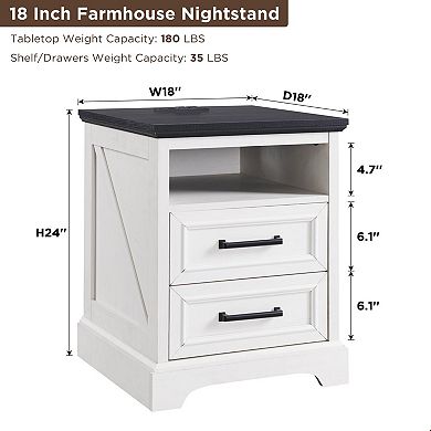 Farmhouse Nightstand Charging Station 2-Drawer Bedside Cabinet