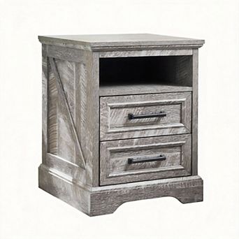Farmhouse Nightstand Charging Station 2-Drawer Bedside Cabinet