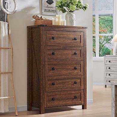 Farmhouse Rustic Wood Chest Drawers Bedroom Hallway 5 Drawers