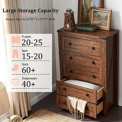 Farmhouse Rustic Wood Chest Drawers Bedroom Hallway 5 Drawers