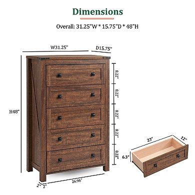 Farmhouse Rustic Wood Chest Drawers Bedroom Hallway 5 Drawers