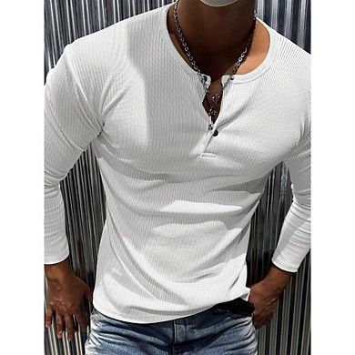Classic Ribbed Texture Henley Neck Long Sleeve T-Shirt