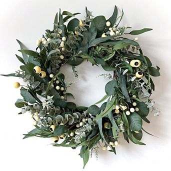 22" All Season Greenery Wreath Olive Eucalyptus White Berry Decor