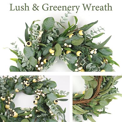 22" All Season Greenery Wreath Olive Eucalyptus White Berry Decor