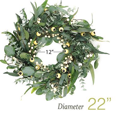 22" All Season Greenery Wreath Olive Eucalyptus White Berry Decor