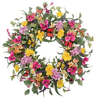 20" Spring Summer Silk Flower Wreath with Butterflies for Door Home Wedding