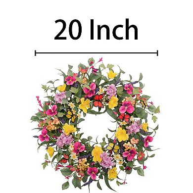 20" Spring Summer Silk Flower Wreath with Butterflies for Door Home Wedding
