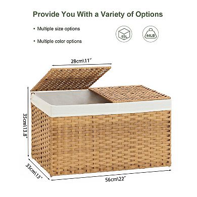 Foldable Rattan Storage Basket with Dual Lids Removable Liners Handles
