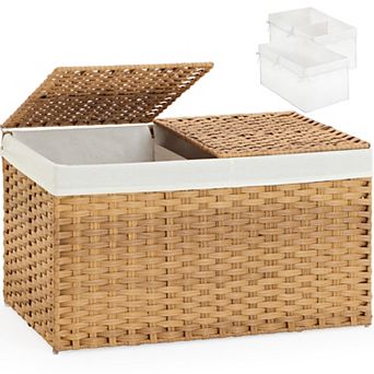 Foldable Rattan Storage Basket with Dual Lids Removable Liners Handles