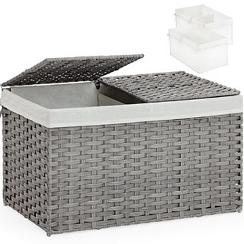 Foldable Rattan Storage Basket with Dual Lids Removable Liners Handles