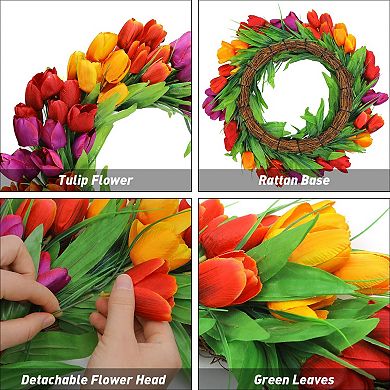 20" Tulip Wreath Silk Artificial Spring Summer All Seasons Door Window Decor