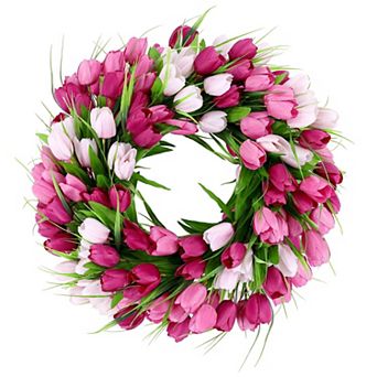 20" Tulip Wreath Silk Artificial Spring Summer All Seasons Door Window Decor