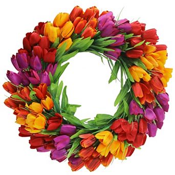 20" Tulip Wreath Silk Artificial Spring Summer All Seasons Door Window Decor