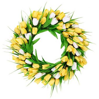 20" Tulip Wreath Silk Artificial Spring Summer All Seasons Door Window Decor