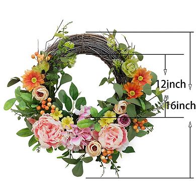 16" Artificial Peony Hydrangea Wreath Spring Summer Grapevine Door Wall Decor