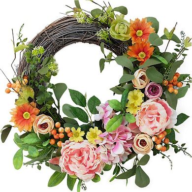 16" Artificial Peony Hydrangea Wreath Spring Summer Grapevine Door Wall Decor