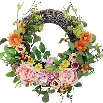 16" Artificial Peony Hydrangea Wreath Spring Summer Grapevine Door Wall Decor