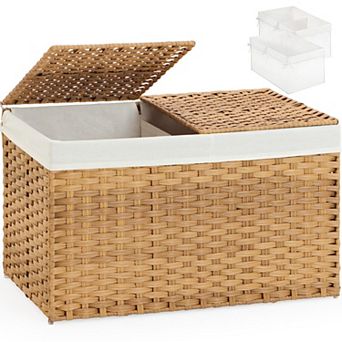 Wicker Storage Basket with Lid and Dual Liners