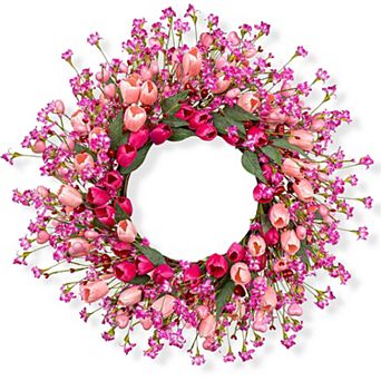 22" Tulip Wreath Hearts Berries Door Decor Wedding Mother Festival