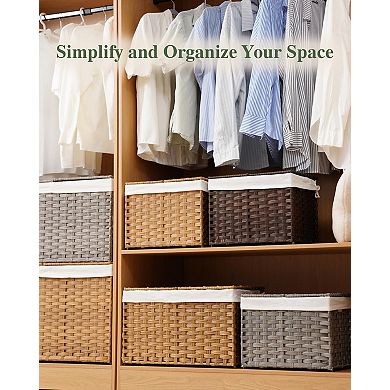 Foldable Wicker Storage Basket with Lid Dual Compartment Removable Liners