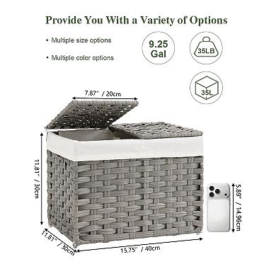 Foldable Wicker Storage Basket with Lid Dual Compartment Removable Liners