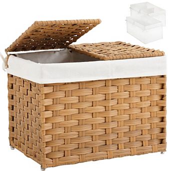 Foldable Wicker Storage Basket with Lid Dual Compartment Removable Liners
