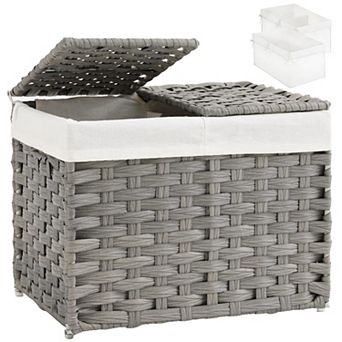 Foldable Wicker Storage Basket with Lid Dual Compartment Removable Liners