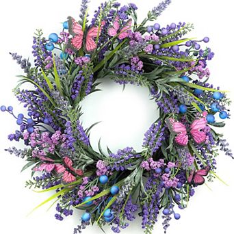 18" Lavender Wreath with Berries Butterflies for Door Wall Wedding Decor