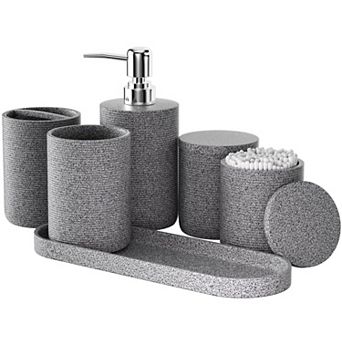 6 pc Bathroom Accessory Set Toothbrush Holder Soap Dispenser Qtip Holder Tray Tumbler