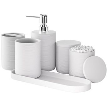6 pc Bathroom Accessory Set Toothbrush Holder Soap Dispenser Qtip Holder Tray Tumbler