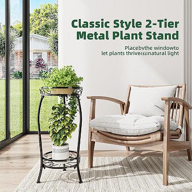 Metal 2-Tier Plant Stand Waterproof Rustproof Indoor Outdoor Flower Holder