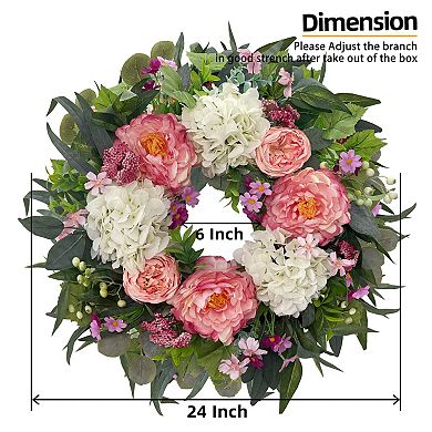 24" Spring Wreath Peony Hydrangea Floral Door Wall Decor