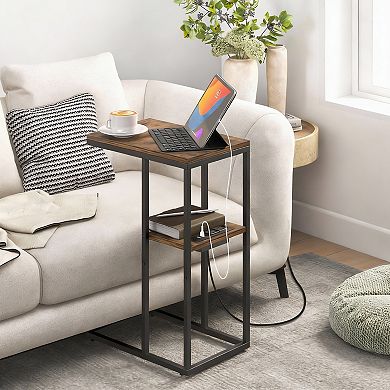 C-Shaped Sofa Side Table with USB & Outlets, 26" Rustic