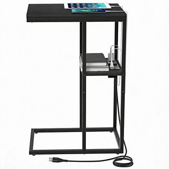 C-Shaped Sofa Side Table with USB & Outlets, 26" Rustic