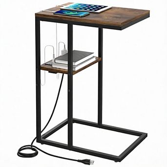 C-Shaped Sofa Side Table with USB & Outlets, 26" Rustic