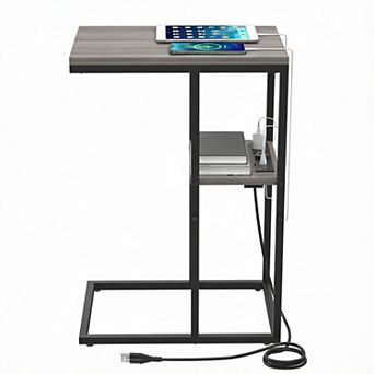 C-Shaped Sofa Side Table with USB & Outlets, 26" Rustic