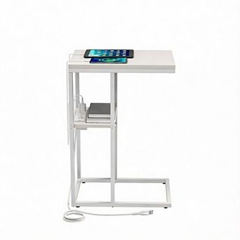 C-Shaped Sofa Side Table with USB & Outlets, 26" Rustic