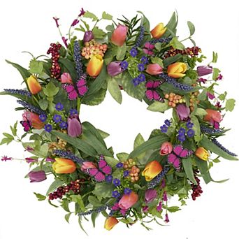 22" Spring Summer Tulip Wreath with Tassels Eucalyptus Ferns Butterflies
